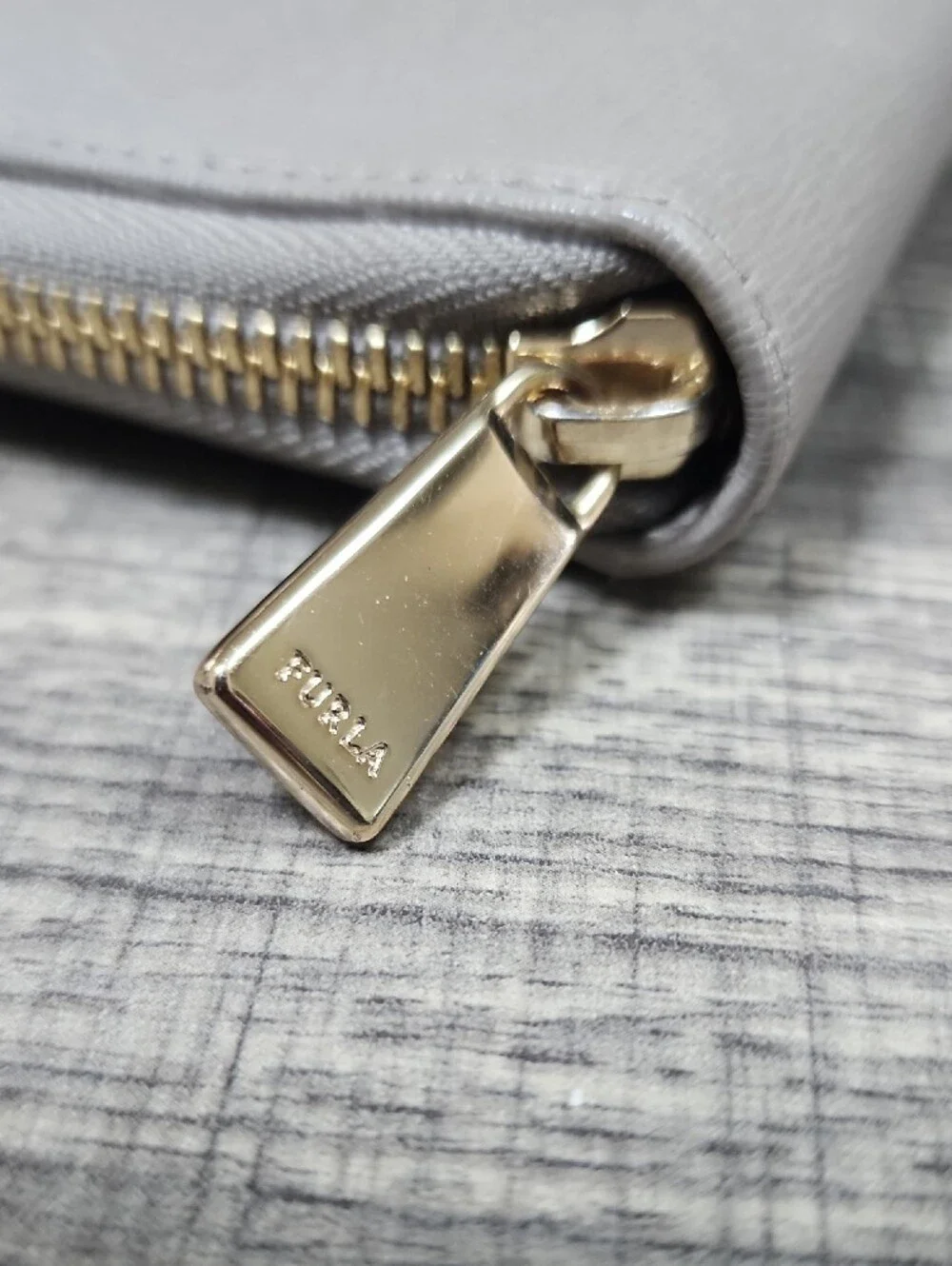 Furla Saffiano Zip Wallet in Pale Gray with Gold Hardware